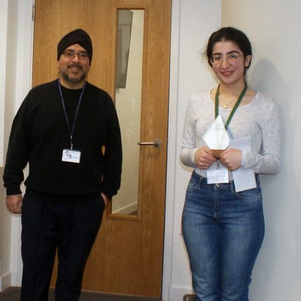 Nicky Ahadi, who left college last year, came back to receive a trophy for achieving the highest score in the year for A Level Chemistry. Nicky gained 3 A*s in Chemistry, Biology and Maths despite only moving to the UK from Iran just before she started at Havering Sixth Form. She will be going to study Medicine at the University of Exeter Medical School in September, having taken a gap year where she worked as a science and maths tutor for a local school. Nicky, who was presented with the award by Medics Enrichment tutor Gursewa Harrad, below, said: “I couldn’t have achieved what I have without the help and support of the college - and particularly the Medics group.”