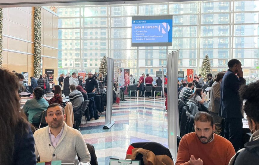 New City College was one of the main exhibitors at a Jobs Fair in Canary Wharf where over 500 people from across London and Essex visited to find out about career opportunities.