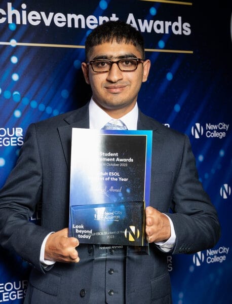 New City College student Nabeel Ahmed who excelled in his ESOL course despite personal tragedy and disability, won the Mayor of London Inspirational Adult Learner of the Year Award